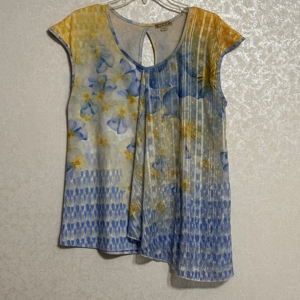 Energe World Wear XL Blue Yellow Pansy‎ Floral Print Top Cap Sleeve Blouse